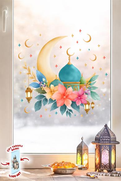 Ramazan Ayı Cam Sticker Seti | Çift Taraflı %100 Net | Ay, Cami ve Fener Desenli Pencere Süsü 29x30