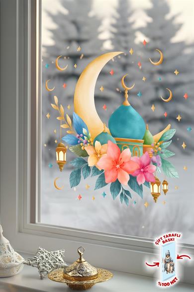 Ramazan Ayı Cam Sticker Seti | Çift Taraflı %100 Net | Ay, Cami ve Fener Desenli Pencere Süsü 29x30