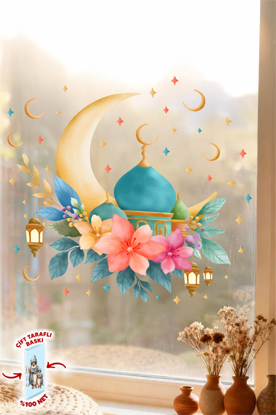 Ramazan Ayı Cam Sticker Seti | Çift Taraflı %100 Net | Ay, Cami ve Fener Desenli Pencere Süsü 29x30