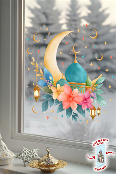 Ramazan Ayı Cam Sticker Seti | Çift Taraflı %100 Net | Ay, Cami ve Fener Desenli Pencere Süsü 29x30