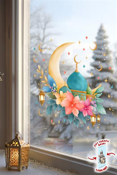 Ramazan Ayı Cam Sticker Seti | Çift Taraflı %100 Net | Ay, Cami ve Fener Desenli Pencere Süsü 29x30