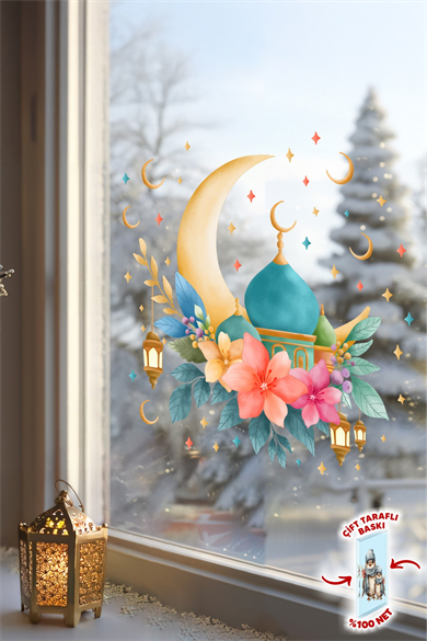 Ramazan Ayı Cam Sticker Seti | Çift Taraflı %100 Net | Ay, Cami ve Fener Desenli Pencere Süsü 29x30