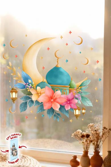 Ramazan Ayı Cam Sticker Seti | Çift Taraflı %100 Net | Ay, Cami ve Fener Desenli Pencere Süsü 29x30