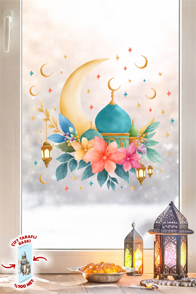 Ramazan Ayı Cam Sticker Seti | Çift Taraflı %100 Net | Ay, Cami ve Fener Desenli Pencere Süsü 29x30