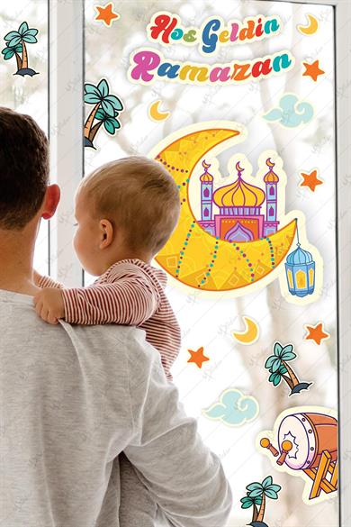 Ramazan Ayı Hilal Cami Hoşgeldin Ramazan ve Ramazan Figürleri Cam Duvar Sticker Seti