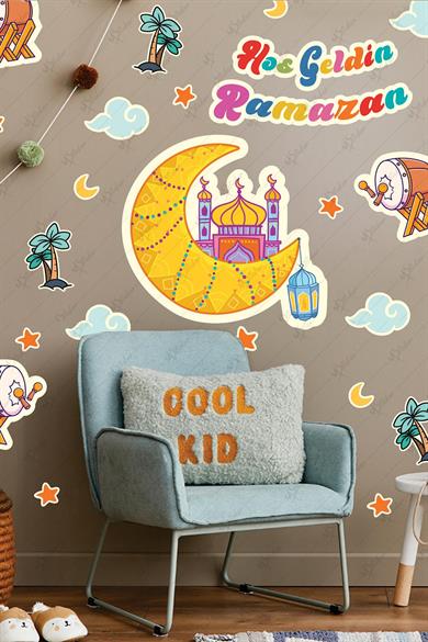 Ramazan Ayı Hilal Cami Hoşgeldin Ramazan ve Ramazan Figürleri Cam Duvar Sticker Seti