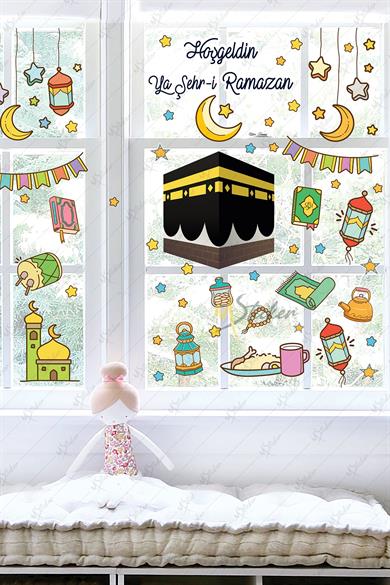 Ramazan Ayı Kabe ve Ramazan Figürleri Temalı 120 Parça Çift Taraflı Baskılı Cam Sticker Seti