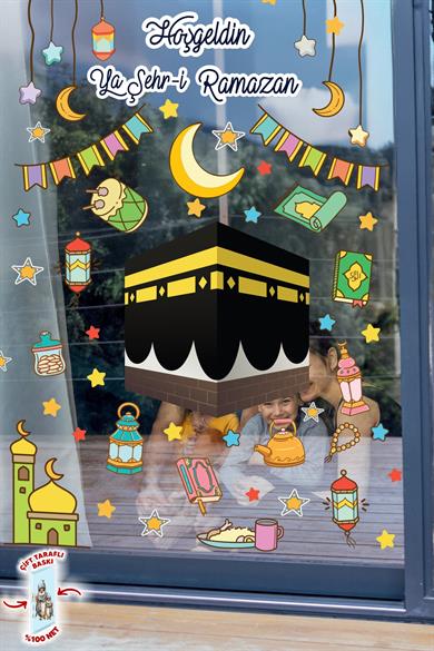 Ramazan Ayı Kabe ve Ramazan Figürleri Temalı 120 Parça Çift Taraflı Baskılı Cam Sticker Seti