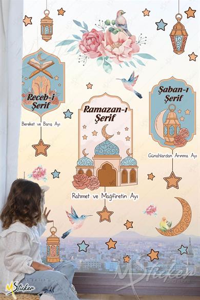 Ramazan Ayı ve 3 Aylar Temalı Dekoratif Duvar Cam Sticker Seti Hoşgeldin Ramazan, Recep Şaban Ayı