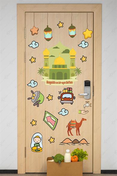 Ramazan Ayı ve İslami Figürlü Hoşgeldin Ramazan Sticker Seti, Cam Duvar Çocuk Odası Sticker