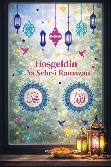 Ramazan Cam Sticker Seti Çift Taraflı | Hoşgeldin Ya Şehr-i Ramazan Pencere Süsü Ramazan Ayı Özel