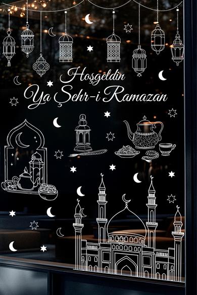 Ramazan Cam Sticker Seti – Hoşgeldin Ya Şehr-i Ramazan Yazılı, Çift Taraflı Şeffaf Pencere Süsü