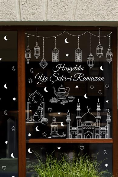 Ramazan Cam Sticker Seti – Hoşgeldin Ya Şehr-i Ramazan Yazılı, Çift Taraflı Şeffaf Pencere Süsü