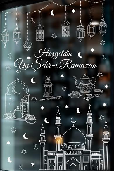 Ramazan Cam Sticker Seti – Hoşgeldin Ya Şehr-i Ramazan Yazılı, Çift Taraflı Şeffaf Pencere Süsü