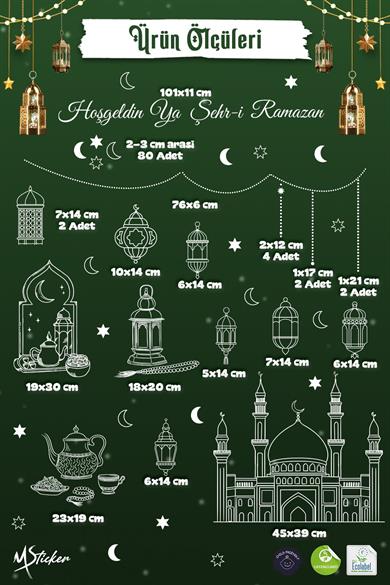 Ramazan Cam Sticker Seti – Hoşgeldin Ya Şehr-i Ramazan Yazılı, Çift Taraflı Şeffaf Pencere Süsü