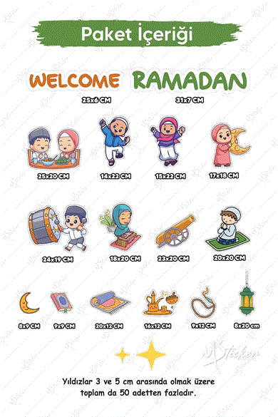 Ramazan Geldi Hoş Geldi İngilizce Cam Duvar Sticker Seti, Ramazanı Coşkuyla Karşılayan Çocuklar Ramazan Süsü