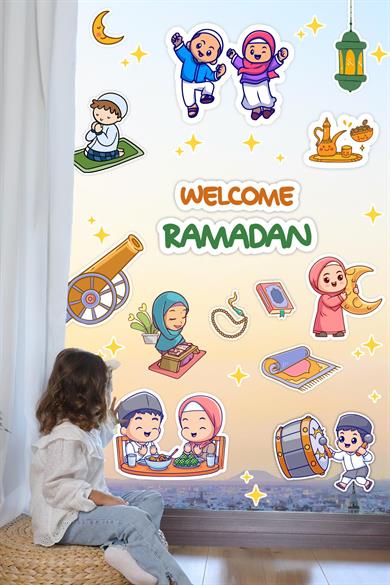 Ramazan Geldi Hoş Geldi İngilizce Cam Duvar Sticker Seti, Ramazanı Coşkuyla Karşılayan Çocuklar Ramazan Süsü
