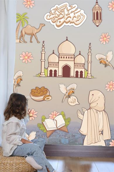 Ramazan Kerim Cami Kuşlar Dua Eden Kadın Temalı Ramazan Sticker Seti Cam Duvar Sticker Ramazan Süsü