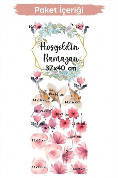 Ramazan Temalı Çiçekli ve Kuşlu Hoşgeldin Ramazan Cam Duvar Sticker Seti, Ramazan Öğretici Sticker