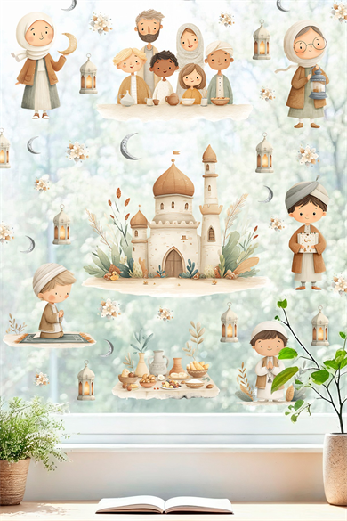 Ramazan Temalı Çift Taraflı Cam Sticker Seti – Çocuklar İçin Sevimli İslami Figürler & Cami Tasarımları