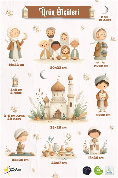 Ramazan Temalı Çift Taraflı Cam Sticker Seti – Çocuklar İçin Sevimli İslami Figürler & Cami Tasarımları