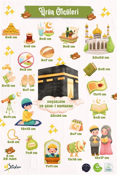 Ramazan Temalı Çift Taraflı Cam Sticker Seti | Kâbe, Cami, İftar ve Çocuk Figürlü Dekoratif Sticker