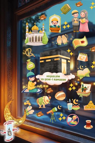 Ramazan Temalı Çift Taraflı Cam Sticker Seti | Kâbe, Cami, İftar ve Çocuk Figürlü Dekoratif Sticker