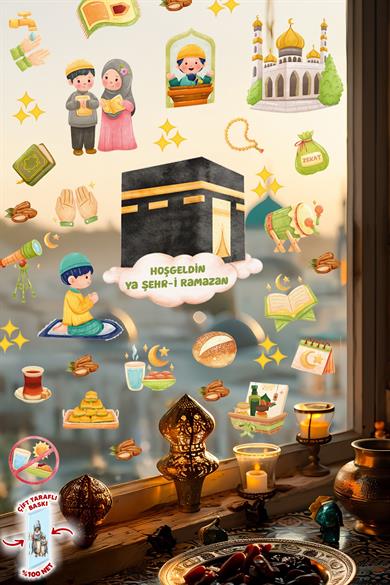 Ramazan Temalı Çift Taraflı Cam Sticker Seti | Kâbe, Cami, İftar ve Çocuk Figürlü Dekoratif Sticker