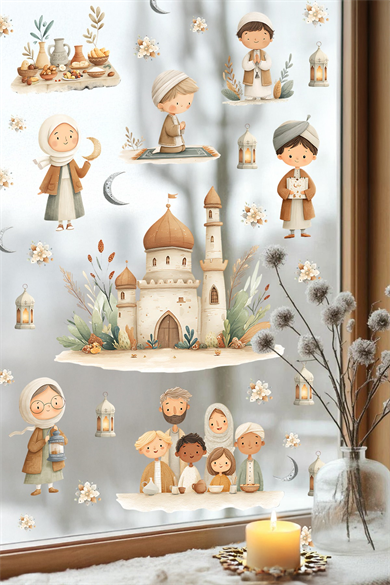 Ramazan Temalı Çift Taraflı Cam Sticker Seti – Çocuklar İçin Sevimli İslami Figürler & Cami Tasarımları