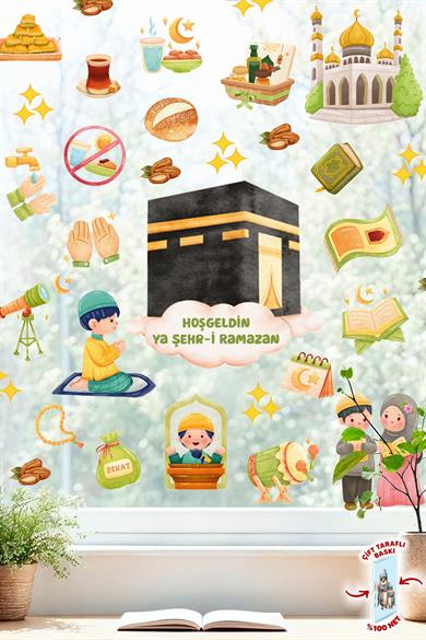 Ramazan Temalı Çift Taraflı Cam Sticker Seti | Kâbe, Cami, İftar ve Çocuk Figürlü Dekoratif Sticker