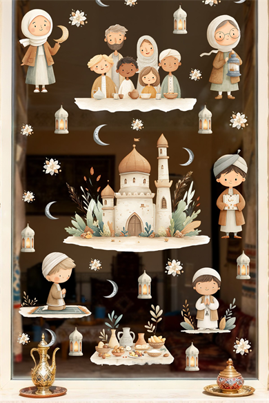 Ramazan Temalı Çift Taraflı Cam Sticker Seti – Çocuklar İçin Sevimli İslami Figürler & Cami Tasarımları