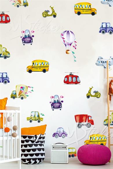 Renkli Araba Otobüs Uçak Helikopter Çocuk Bebek Odası Sticker Seti