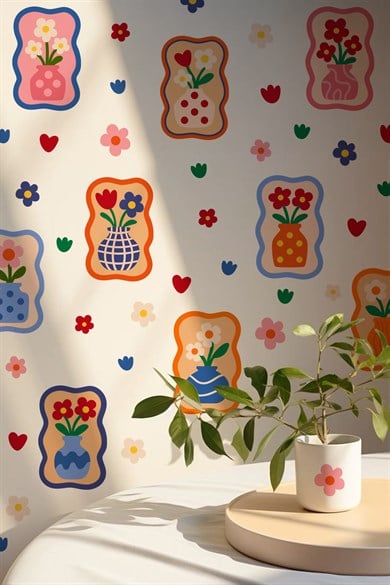 Renkli Çiçekli Vazo Duvar Sticker Seti – 68 Parça, 9 Model, Çocuk Odası & Salon Dekorasyonu