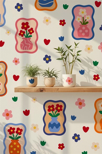 Renkli Çiçekli Vazo Duvar Sticker Seti – 68 Parça, 9 Model, Çocuk Odası & Salon Dekorasyonu