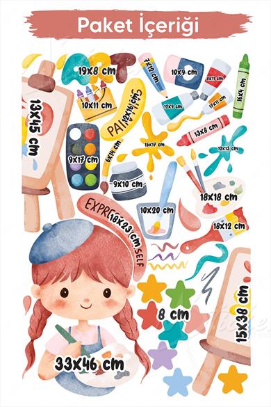 Ressam Kız Sticker Seti, Resim Yapan Çocuk ve Boyalar Sevimli Eğlenceli Cam Duvar Sticker Seti 