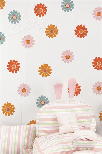 Retro Soft Renklerde Papatyalar Çocuk Bebek Odası Duvar Kağıdı Görünümlü Sticker Seti