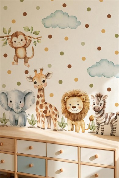 Safari Hayvanları Duvar Sticker Seti 88 Parça – Fil, Zürafa, Aslan, Zebra,Maymun Çocuk Odası Sticker