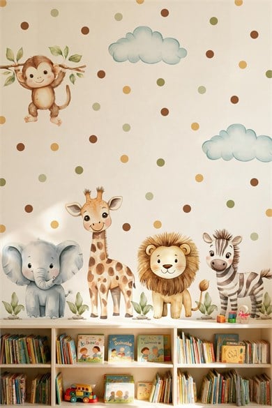 Safari Hayvanları Duvar Sticker Seti 88 Parça – Fil, Zürafa, Aslan, Zebra,Maymun Çocuk Odası Sticker