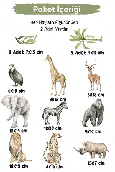 Safari Hayvanları Eğici ve Eğlenceli Sticker Seti, Duvar Kağıdı Görünümlü Safari Sticker Cam Duvar