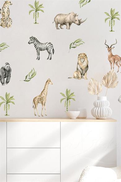 Safari Hayvanları Eğici ve Eğlenceli Sticker Seti, Duvar Kağıdı Görünümlü Safari Sticker Cam Duvar