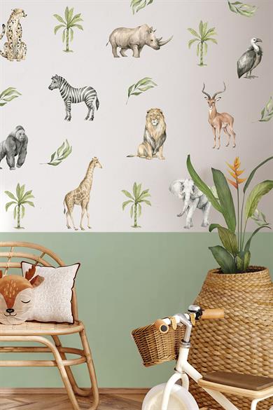 Safari Hayvanları Eğici ve Eğlenceli Sticker Seti, Duvar Kağıdı Görünümlü Safari Sticker Cam Duvar