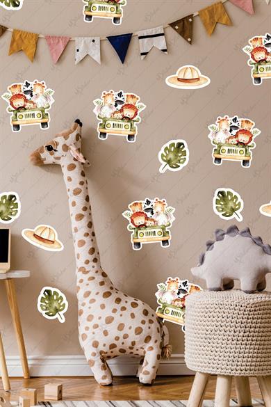 Safari Hayvanları ve Yapraklar Çocuk Bebek Odası Duvar Cam Sticker Seti