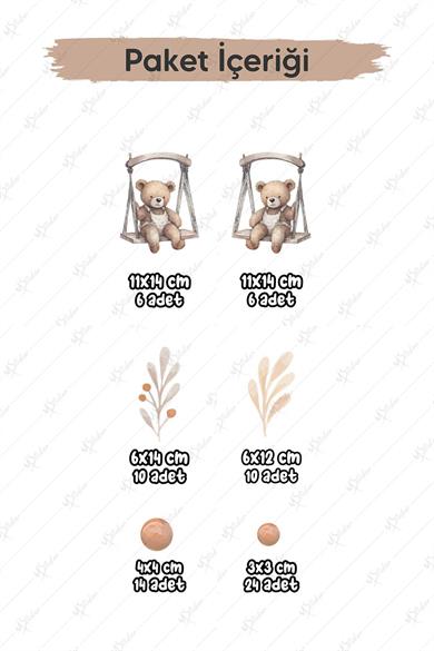 Salıncakta Sevimli Ayıcıklar Çiçekler ve Puantiyeler Çocuk Bebek Odası Sticker Seti