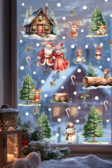 Santa & Kış Masalı Çift Taraflı Cam Sticker Seti – Büyük Boy Figürlü Yılbaşı Dekoru