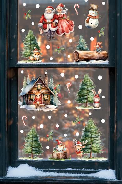 Santa & Kış Masalı Çift Taraflı Cam Sticker Seti – Büyük Boy Figürlü Yılbaşı Dekoru