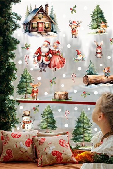 Santa & Kış Masalı Çift Taraflı Cam Sticker Seti – Büyük Boy Figürlü Yılbaşı Dekoru