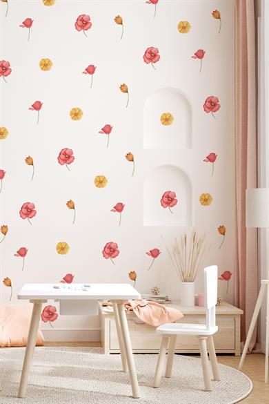 Sarı ve Pembe Tonlarda Renkli Çiçeklerden Oluşan Sticker Seti 48 Parça Özel Kesimli Mat Sticker