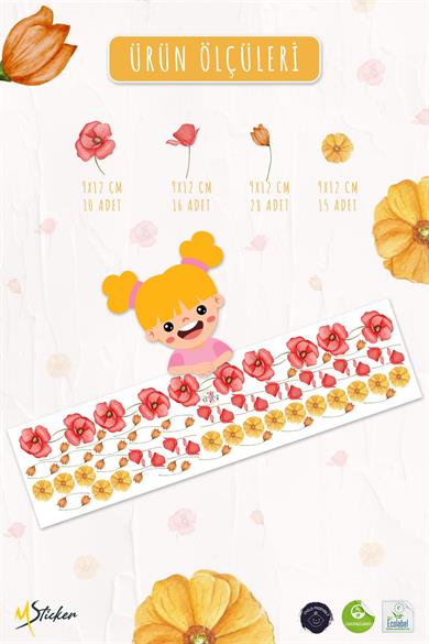 Sarı ve Pembe Tonlarda Renkli Çiçeklerden Oluşan Sticker Seti 48 Parça Özel Kesimli Mat Sticker