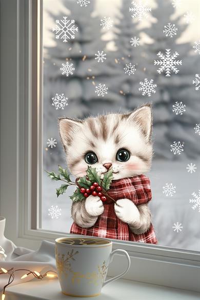 Şaşkın Kedi & Kar Taneleri Cam Süsü – Çift Taraflı Baskı %100 Net Görünüm - Yılbaşını Bekleyen Kedi