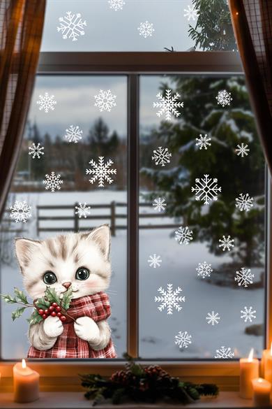 Şaşkın Kedi & Kar Taneleri Cam Süsü – Çift Taraflı Baskı %100 Net Görünüm - Yılbaşını Bekleyen Kedi
